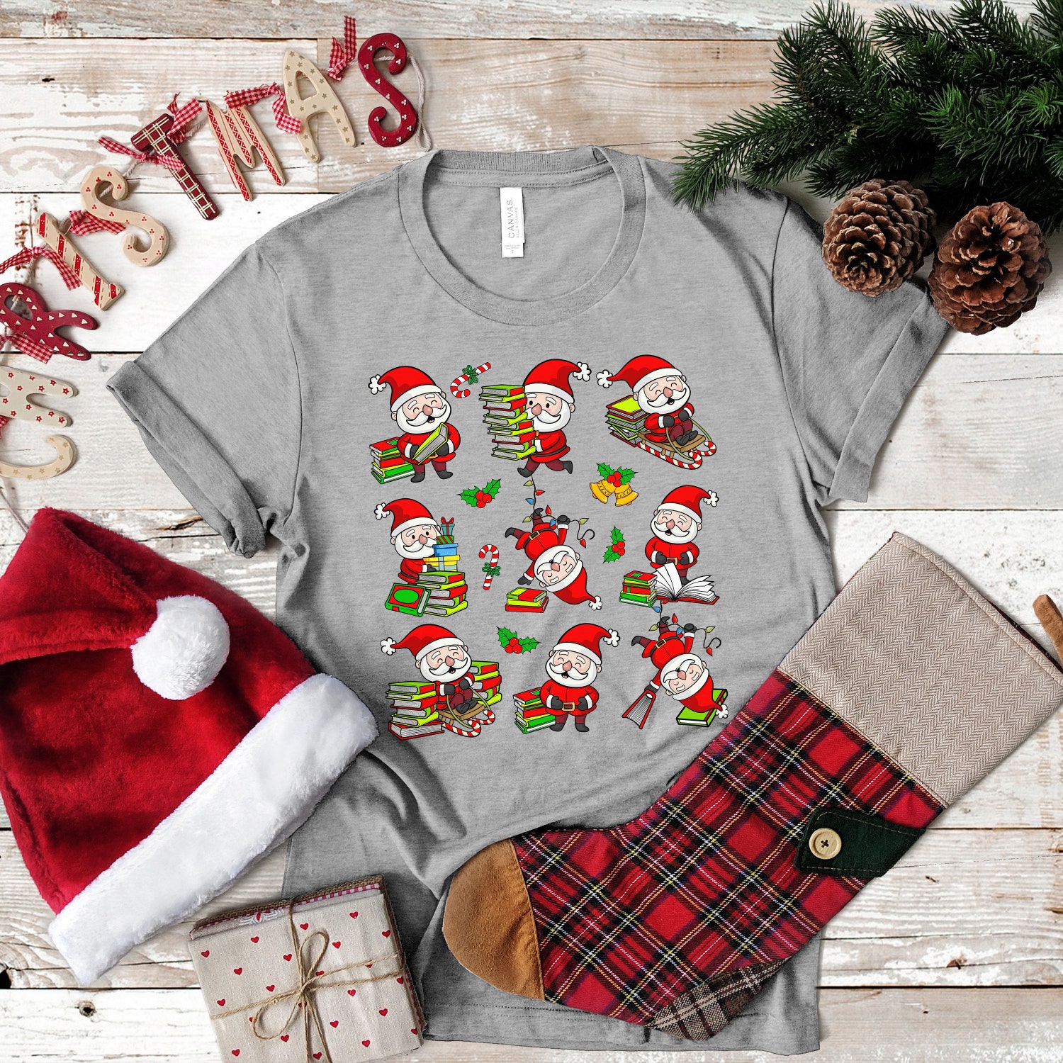 Retro Santa Reading Books Christmas T-Shirt Sweatshirt Teacher Librarian Gift Winter Book Lover Shirt image 4