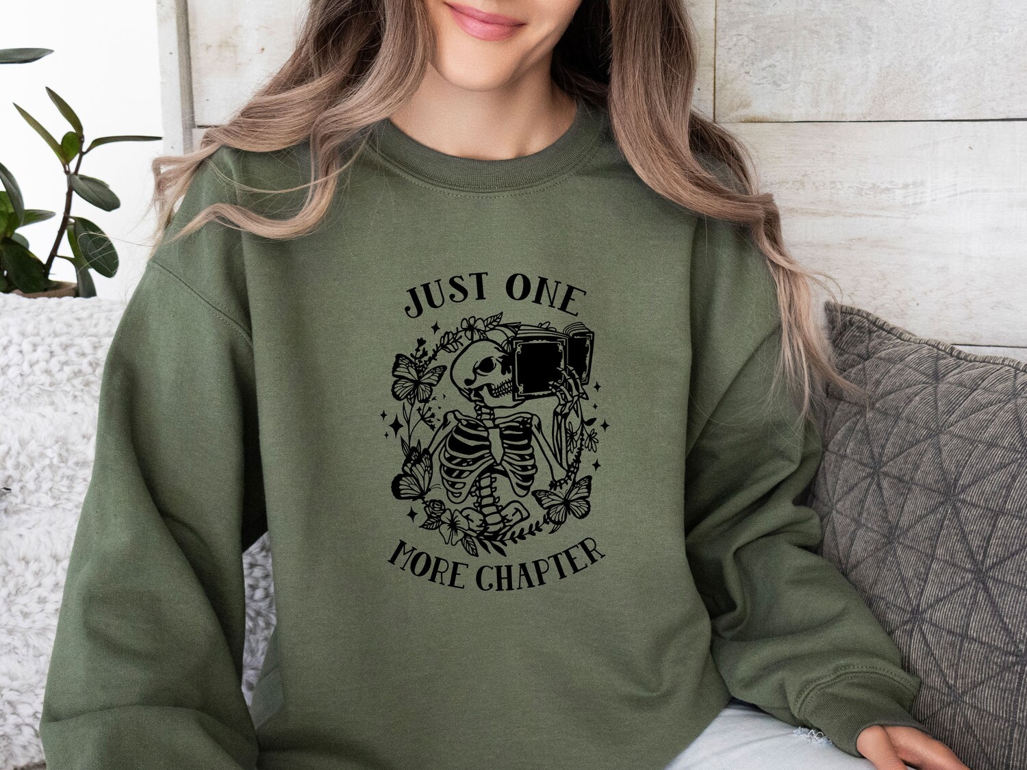 Book Lovers One More Chapter Sweatshirt Bookworm Skeleton Reading Jumper Book Nerd Gift image 4