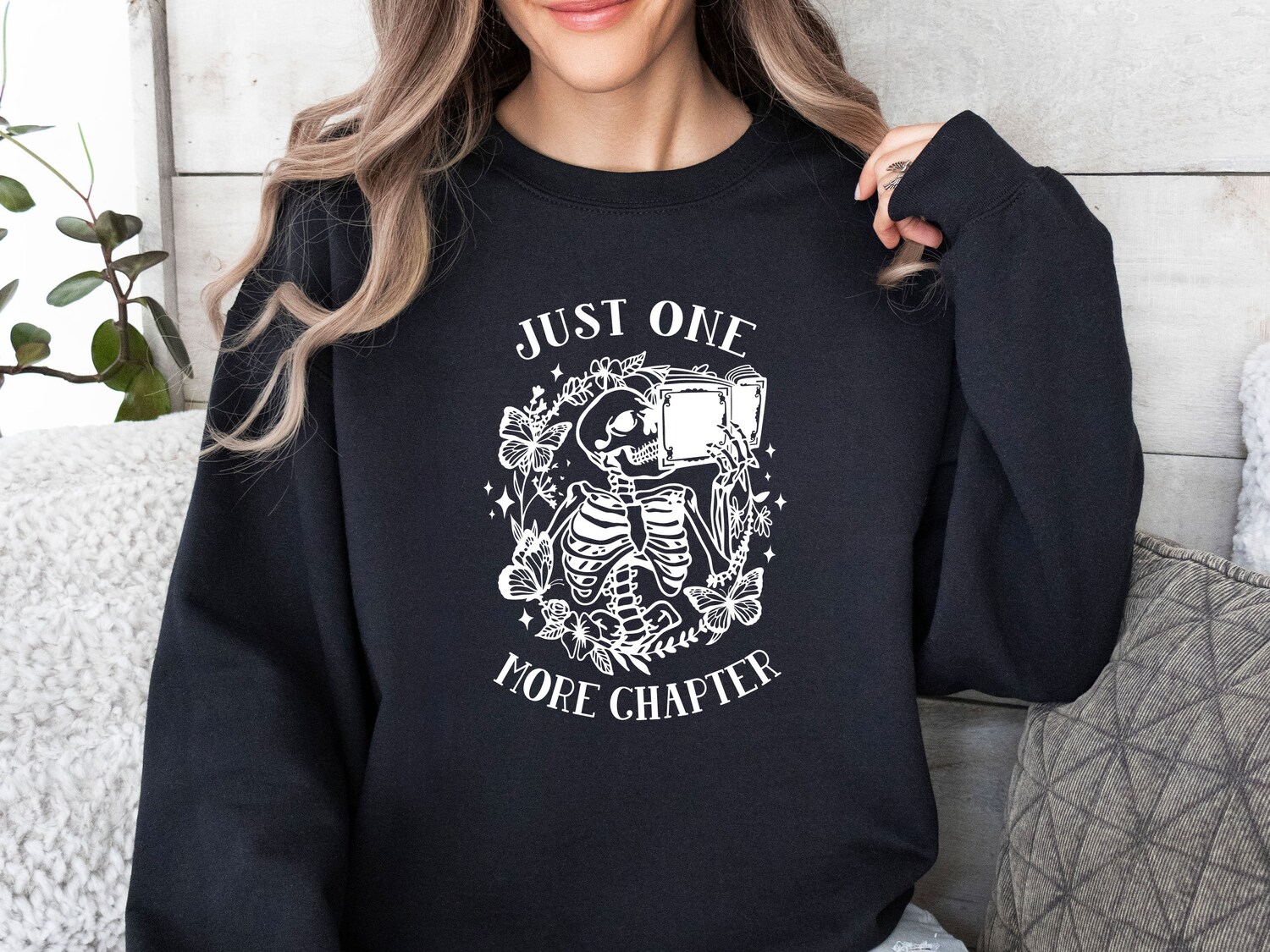 Book Lovers One More Chapter Sweatshirt Bookworm Skeleton Reading Jumper Book Nerd Gift image 6