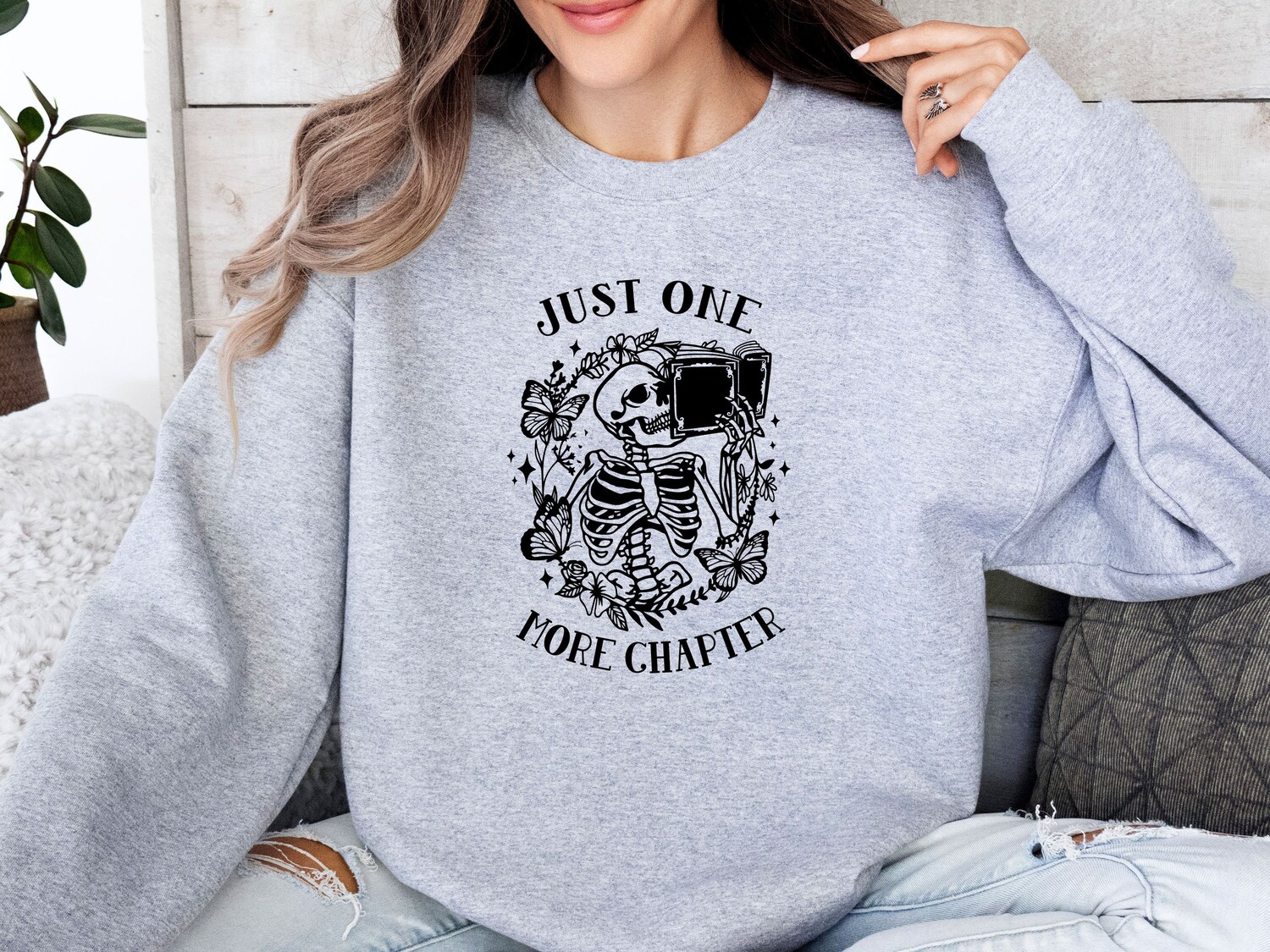 Book Lovers One More Chapter Sweatshirt Bookworm Skeleton Reading Jumper Book Nerd Gift image 1