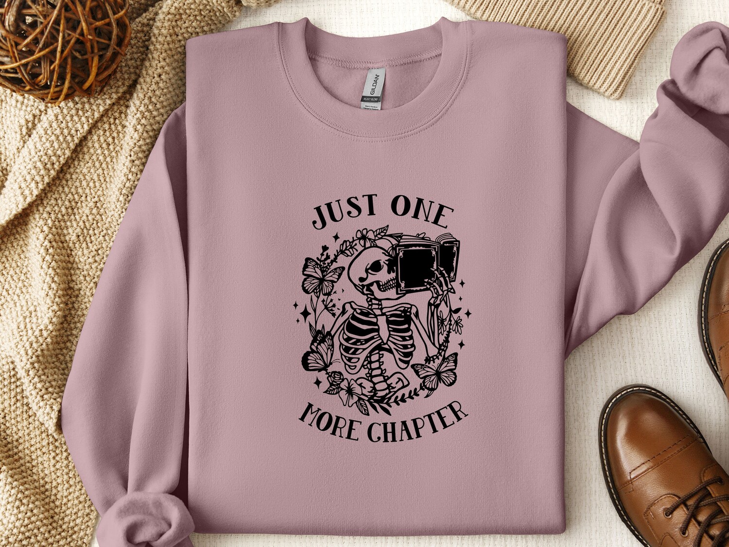 Book Lovers One More Chapter Sweatshirt Bookworm Skeleton Reading Jumper Book Nerd Gift image 3