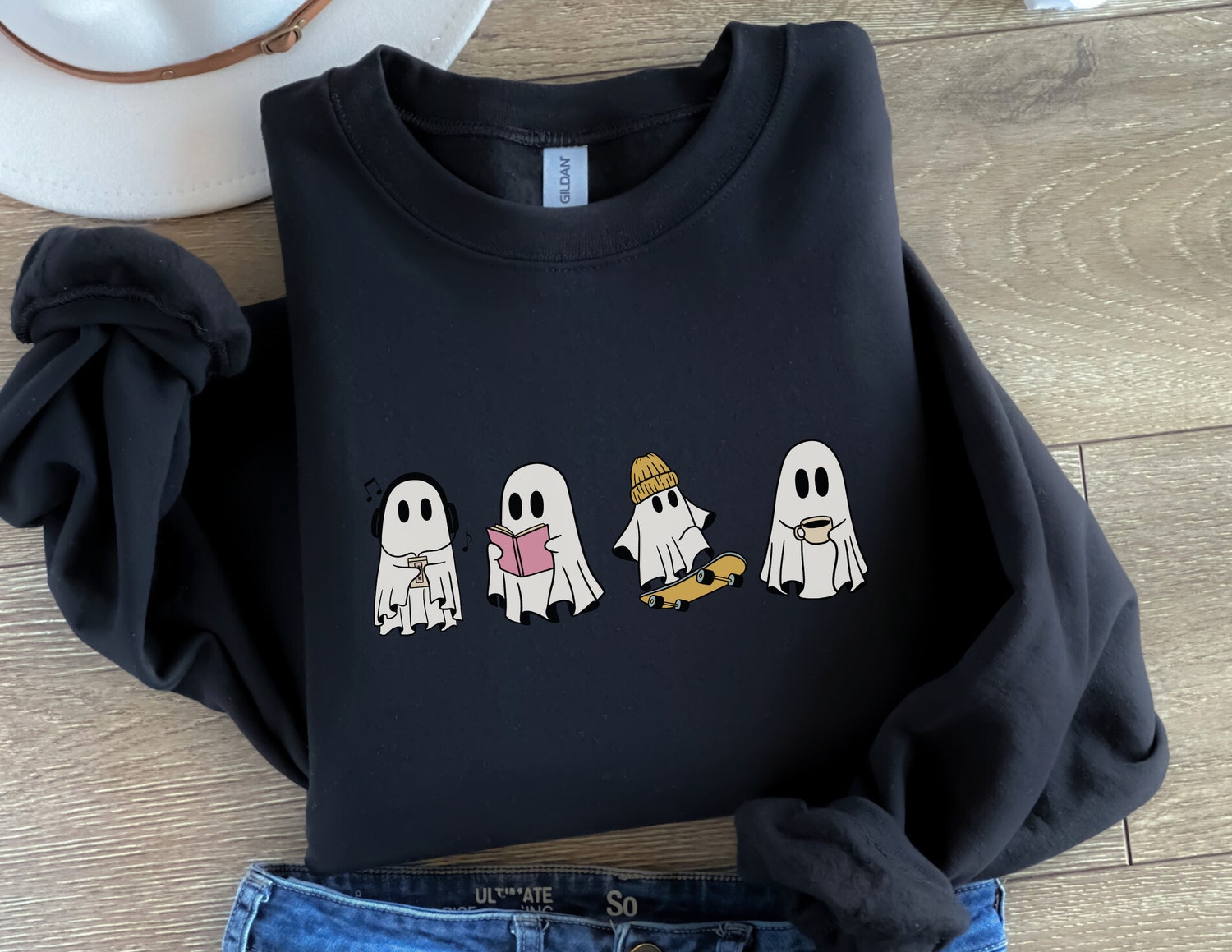 Ghost Reading Books Halloween Sweatshirt Bookish Teacher Gift Librarian Hoodie Crewneck image 1