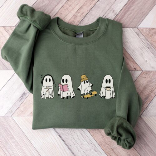 Ghost Reading Books Halloween Sweatshirt Bookish Teacher Gift Librarian Hoodie Crewneck image 0