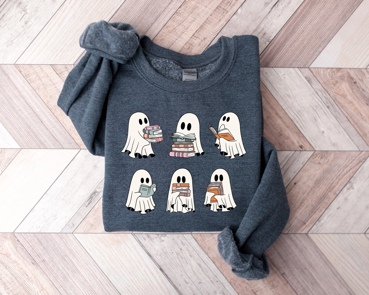 Cute Ghosts Reading Books Sweatshirt Halloween Sweater for Book Lovers Girly Halloween Gift image 2