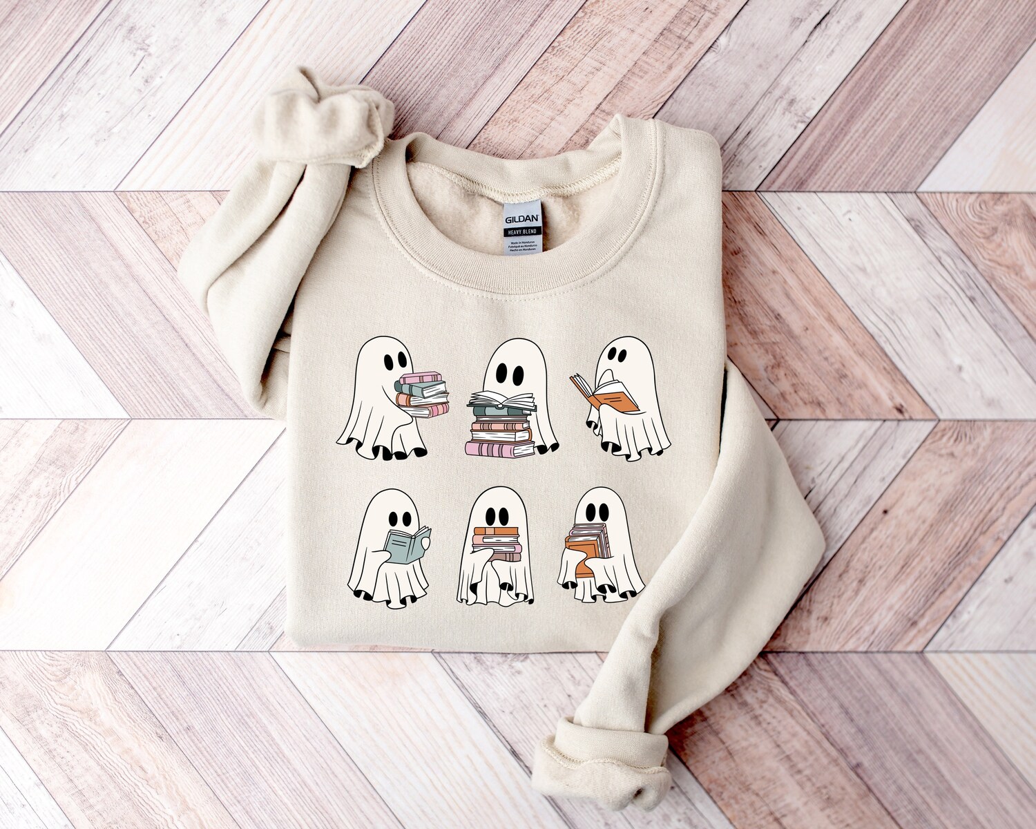 Cute Ghosts Reading Books Sweatshirt Halloween Sweater for Book Lovers Girly Halloween Gift image 1