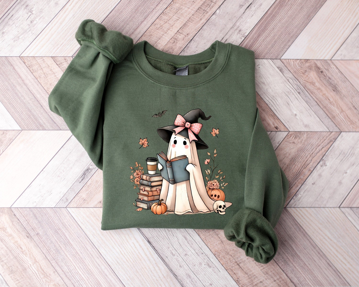 Retro Ghost Reading Book Halloween Sweatshirt Cute Girly Sweater Trendy Halloween Gift image 1