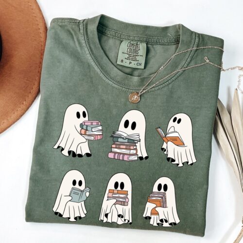 Comfort Colors® Cute Ghost Reading Book Halloween T-Shirt Trendy Girly Ghost Halloween Gift image 0