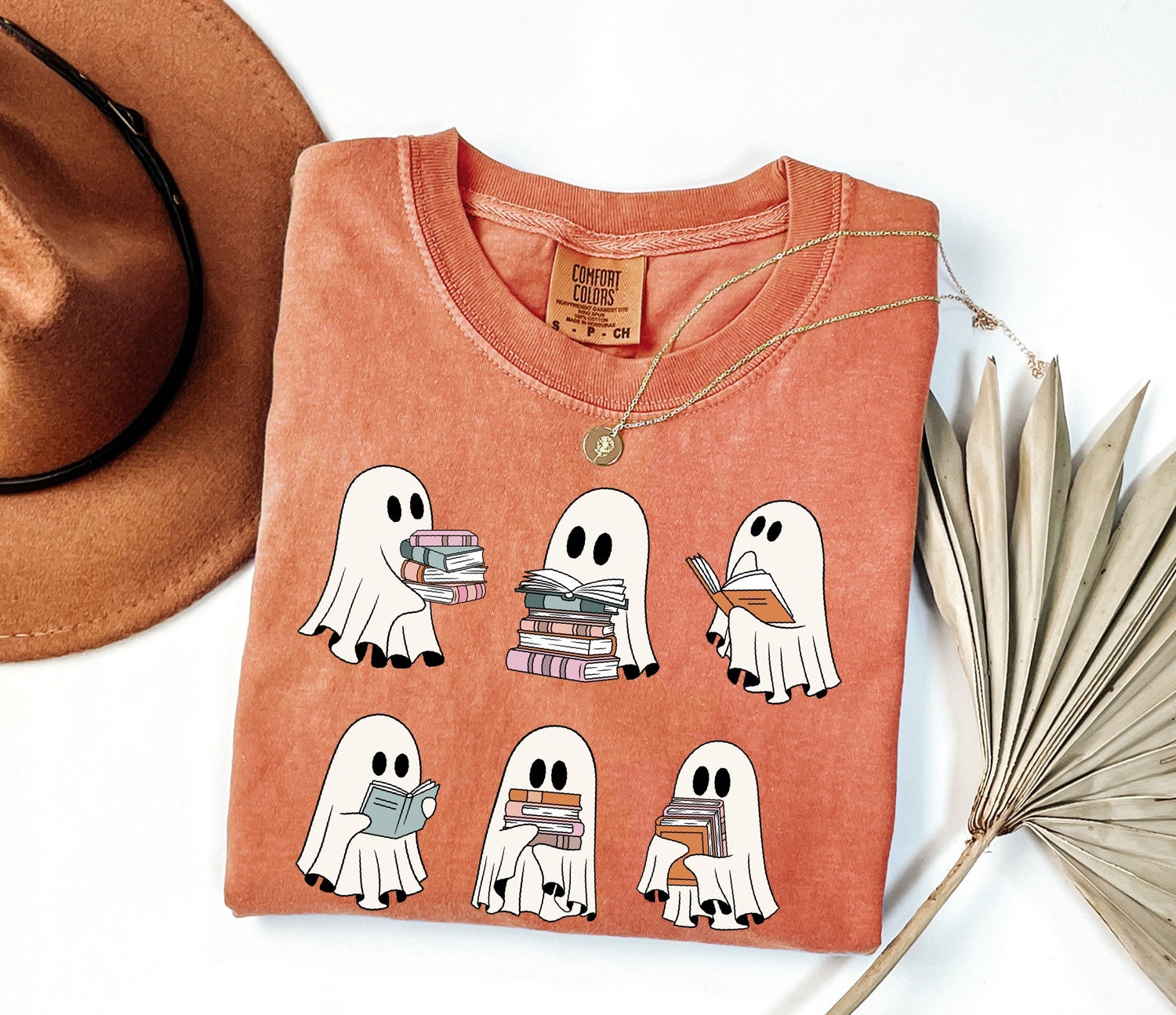 Comfort Colors® Cute Ghost Reading Book Halloween T-Shirt Trendy Girly Ghost Halloween Gift image 2