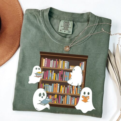 Cute Ghost Reading Book Halloween Shirt Comfort Colors® Girly Ghost Tee Trendy Halloween Gift image 0