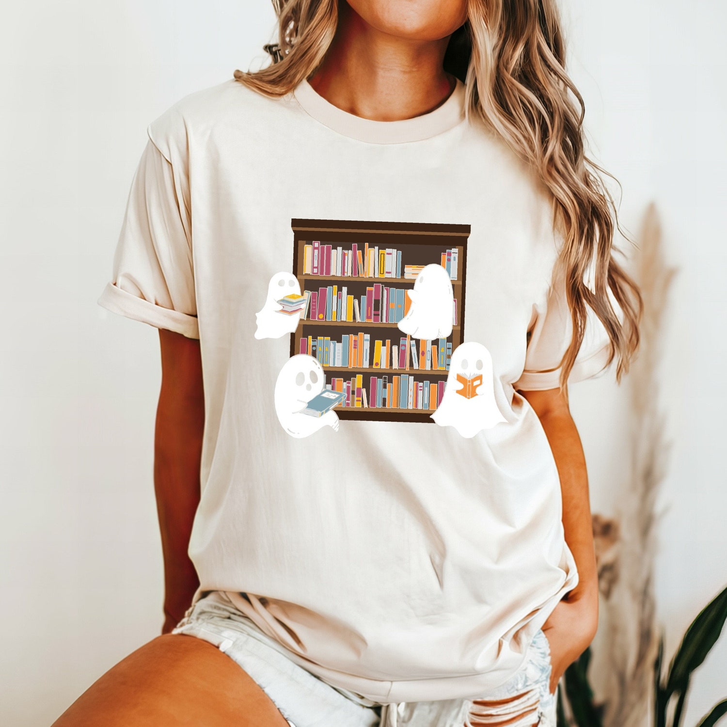 Cute Ghost Reading Book Halloween Shirt Comfort Colors® Girly Ghost Tee Trendy Halloween Gift image 3