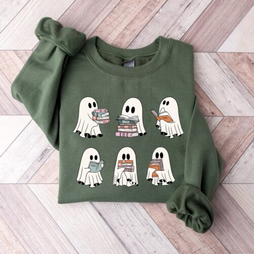 Cute Ghosts Reading Books Sweatshirt Halloween Sweater for Book Lovers Girly Halloween Gift image 0