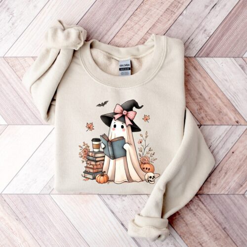 Retro Ghost Reading Book Halloween Sweatshirt Cute Girly Sweater Trendy Halloween Gift image 0