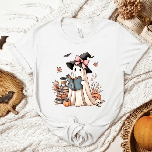 Retro Ghost Reading Book Halloween Shirt Cute Girly Ghost Sweater Trendy Halloween Gift image 0