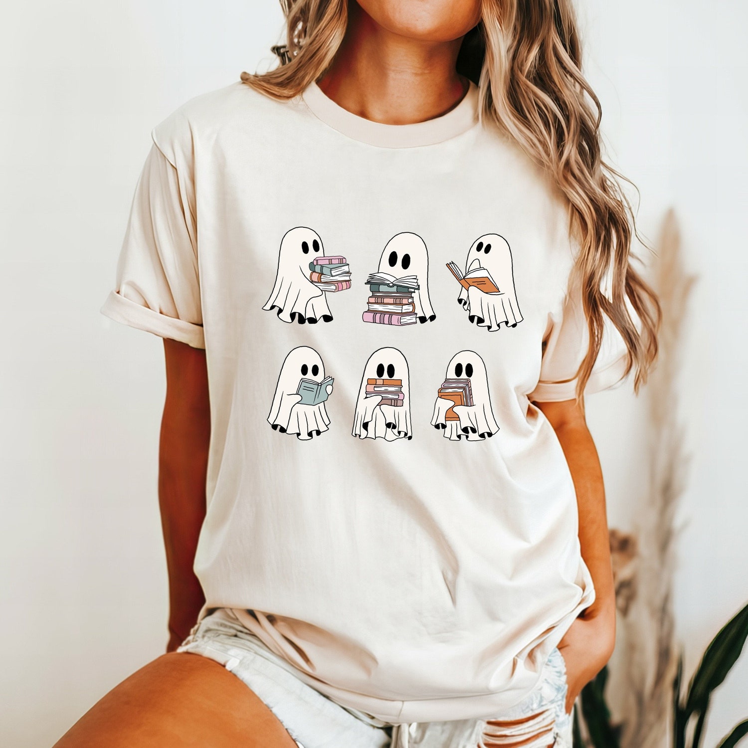 Comfort Colors® Cute Ghost Reading Book Halloween T-Shirt Trendy Girly Ghost Halloween Gift image 3