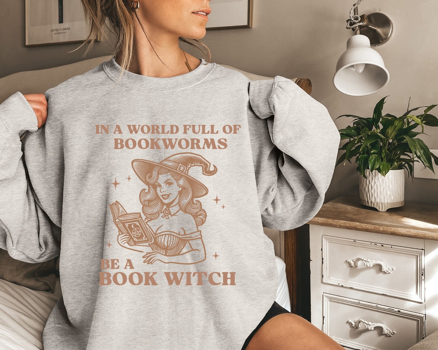 Retro Book Witch Halloween Sweatshirt Vintage Girly Sweater for Book Lovers Cute Halloween Shirt Gift image 1