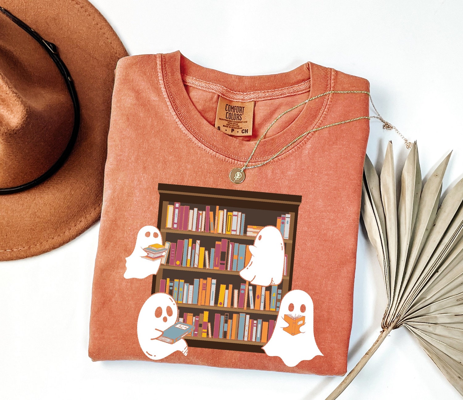 Cute Ghost Reading Book Halloween Shirt Comfort Colors® Girly Ghost Tee Trendy Halloween Gift image 2