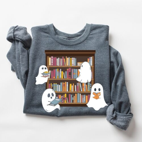 Ghosts Reading Books Halloween Sweatshirt Cute Girly Sweater for Book Lovers image 0