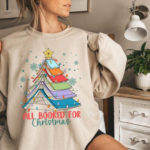 All Booked For Christmas Sweatshirt Cute Book Tree Sweater Holiday Book Lover Gift Teacher Holiday Gift image 0