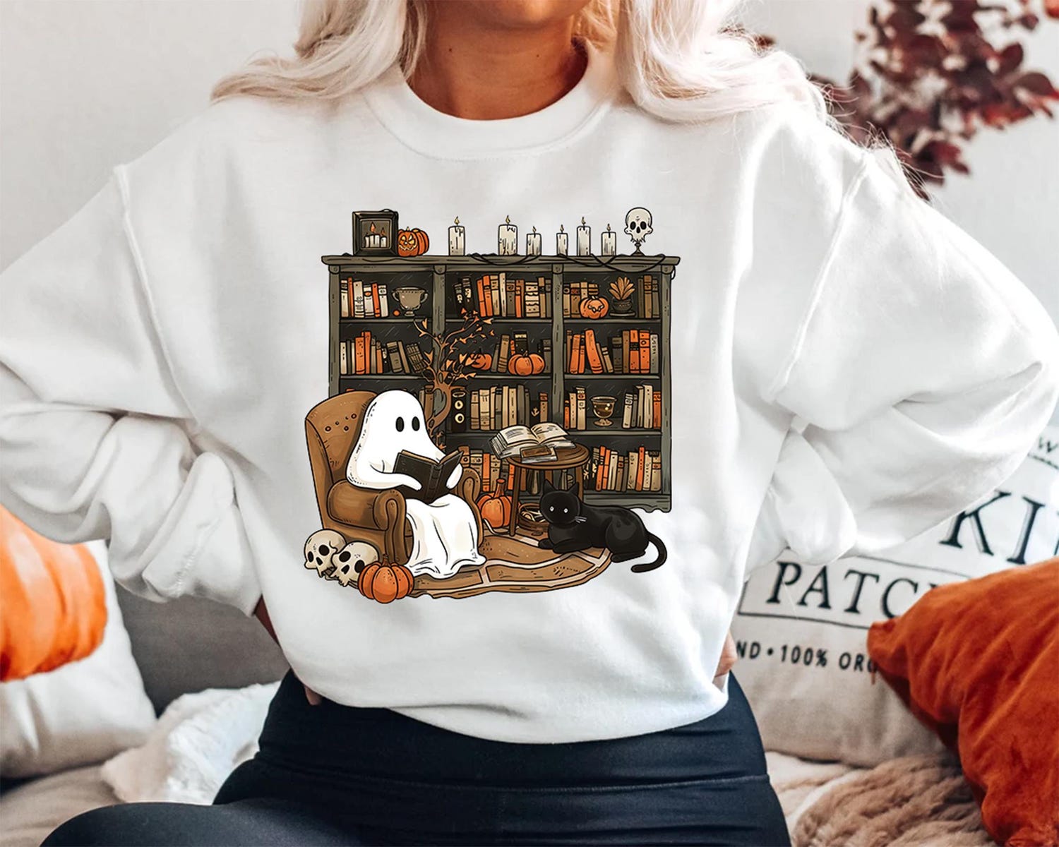 Halloween Reading Ghost Sweatshirt for Book Lovers Librarian Gift Spooky Season Shirt image 4