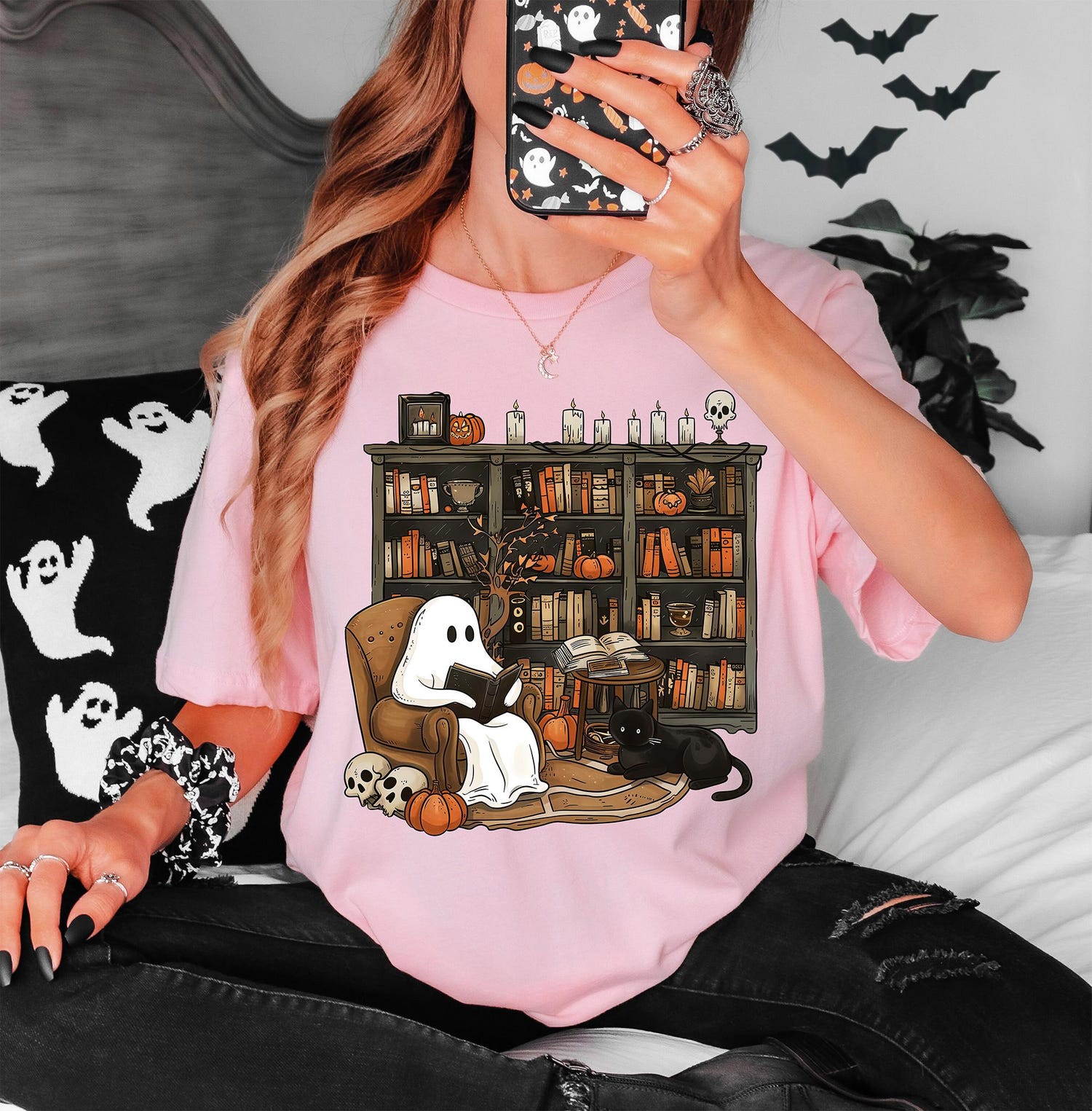 Halloween Reading Ghost Sweatshirt for Book Lovers Librarian Gift Spooky Season Shirt image 3