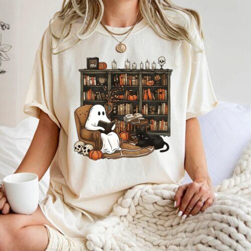 Halloween Reading Ghost Sweatshirt for Book Lovers Librarian Gift Spooky Season Shirt image 0