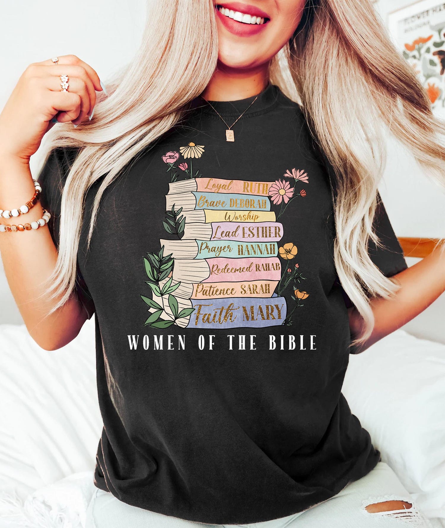 Women of the Bible Christian Shirt Floral Jesus Church Tee Bible Verse Book Lover Top image 4