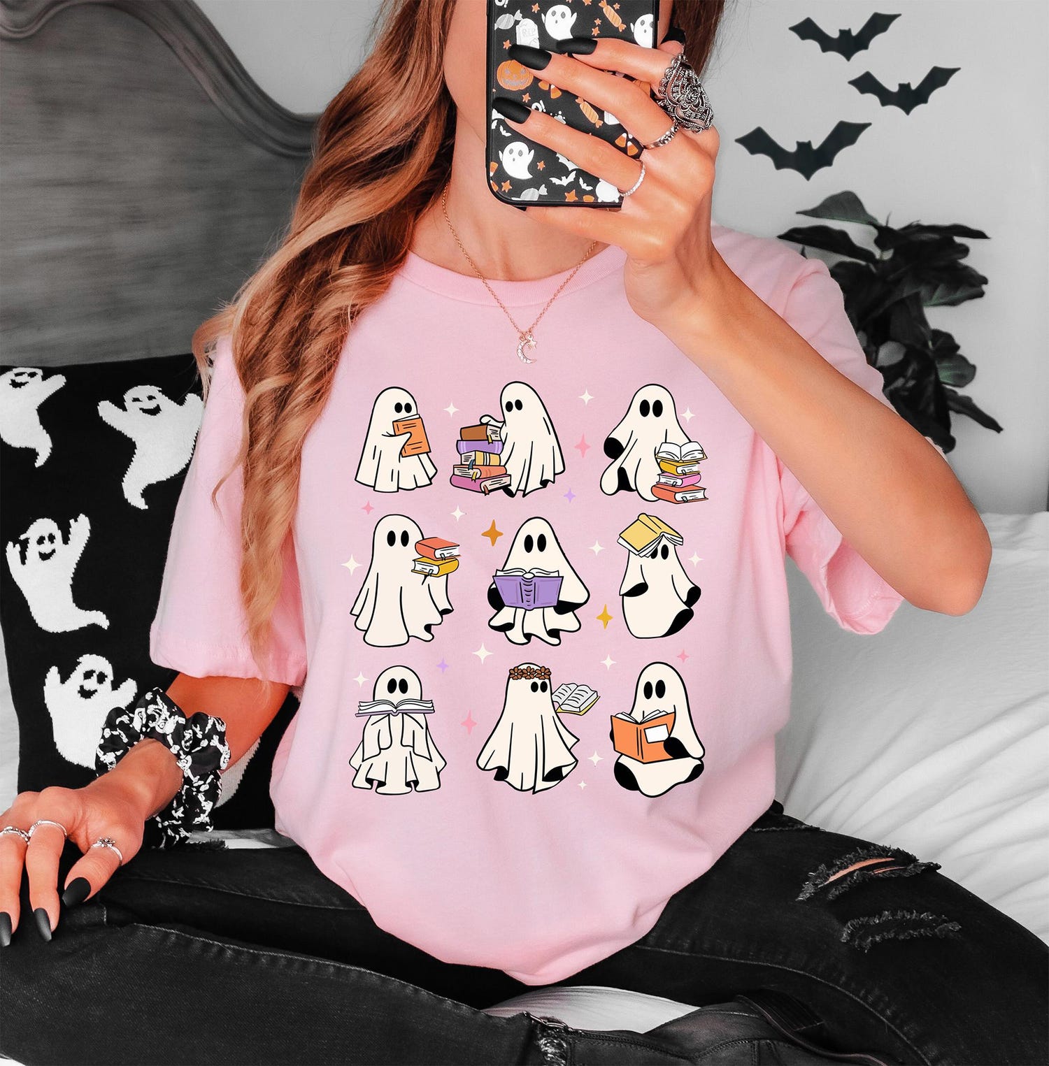 Cute Ghosts Reading Books Sweatshirt Halloween Sweater for Book Lovers Girly Ghosts Gift image 3