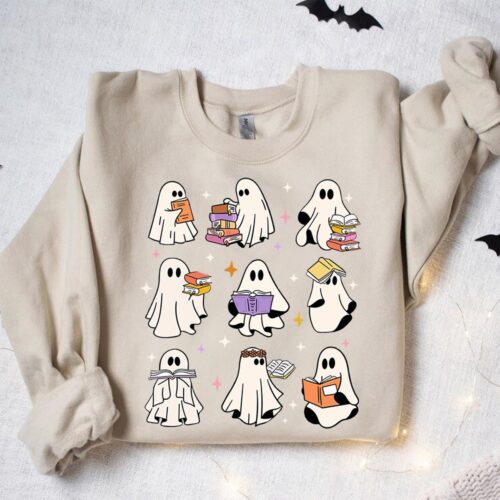 Cute Ghosts Reading Books Sweatshirt Halloween Sweater for Book Lovers Girly Ghosts Gift image 0