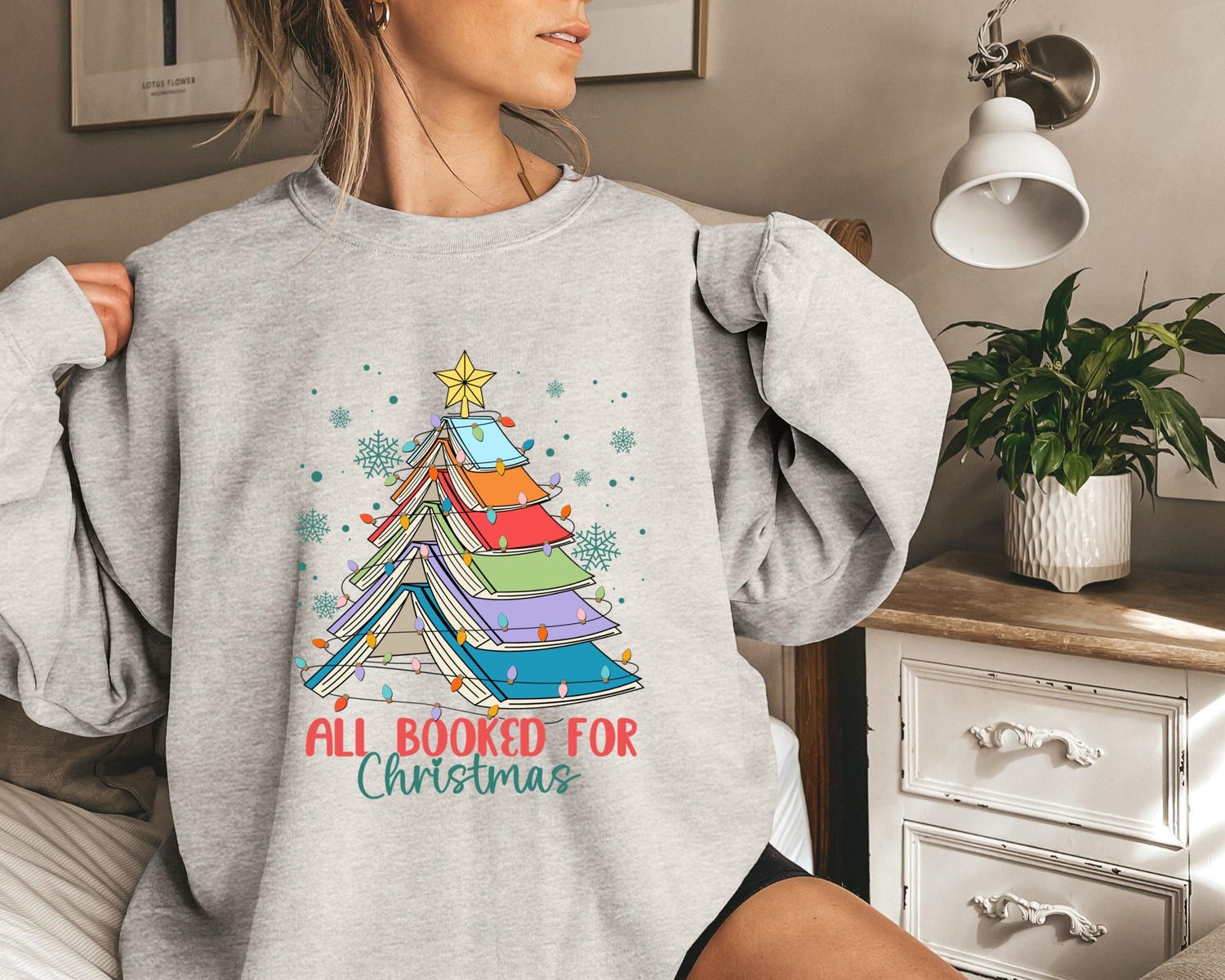 All Booked For Christmas Sweatshirt Cute Book Tree Sweater Holiday Book Lover Gift Teacher Holiday Gift image 1