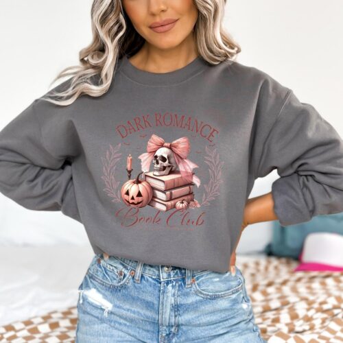 Pink Dark Romance Skull Sweatshirt for Book Club Lovers Cute Halloween Sweater Gift image 0