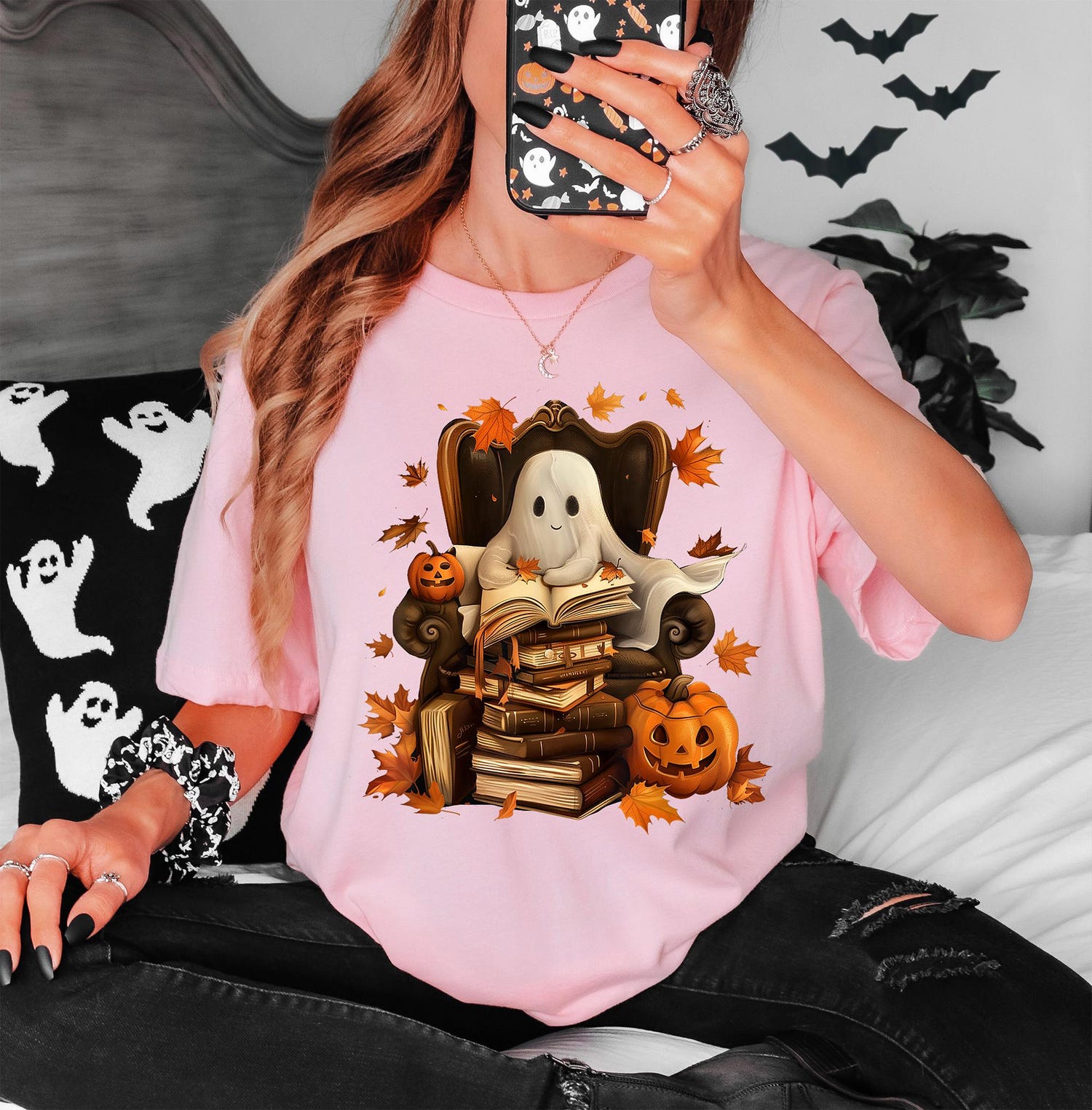 Ghost Reading Teacher Halloween Shirt Librarian and Book Lover School Tshirt/Sweatshirt image 1