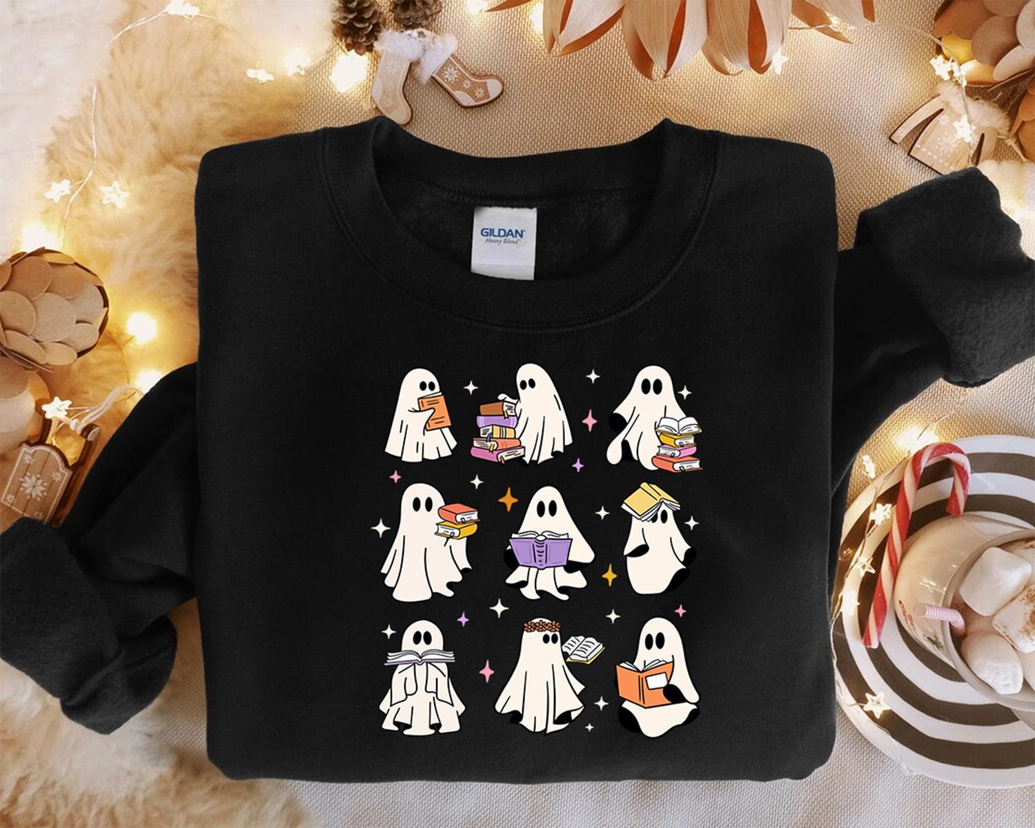 Cute Ghosts Reading Books Sweatshirt Halloween Sweater for Book Lovers Girly Ghosts Gift image 4