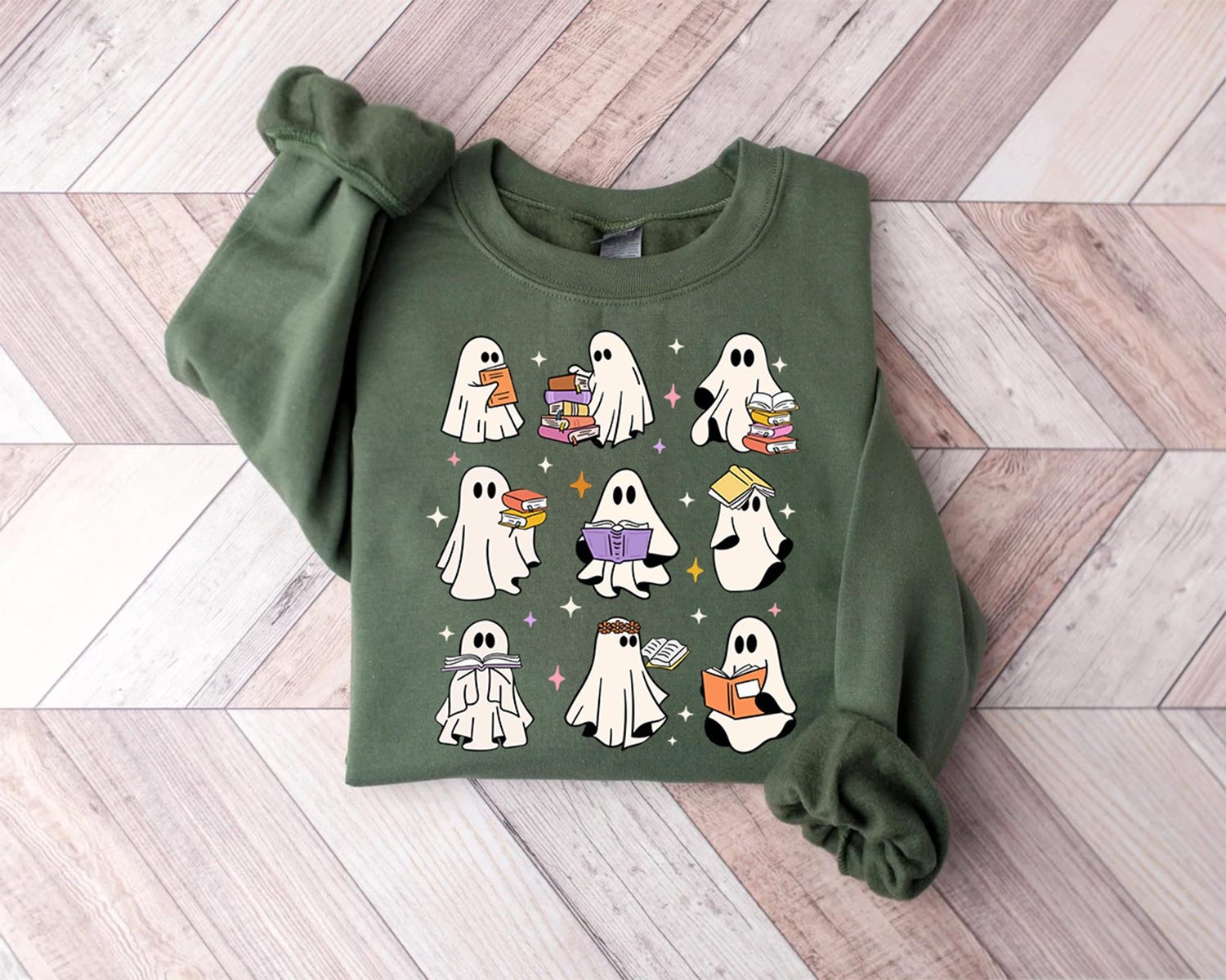 Cute Ghosts Reading Books Sweatshirt Halloween Sweater for Book Lovers Girly Ghosts Gift image 1