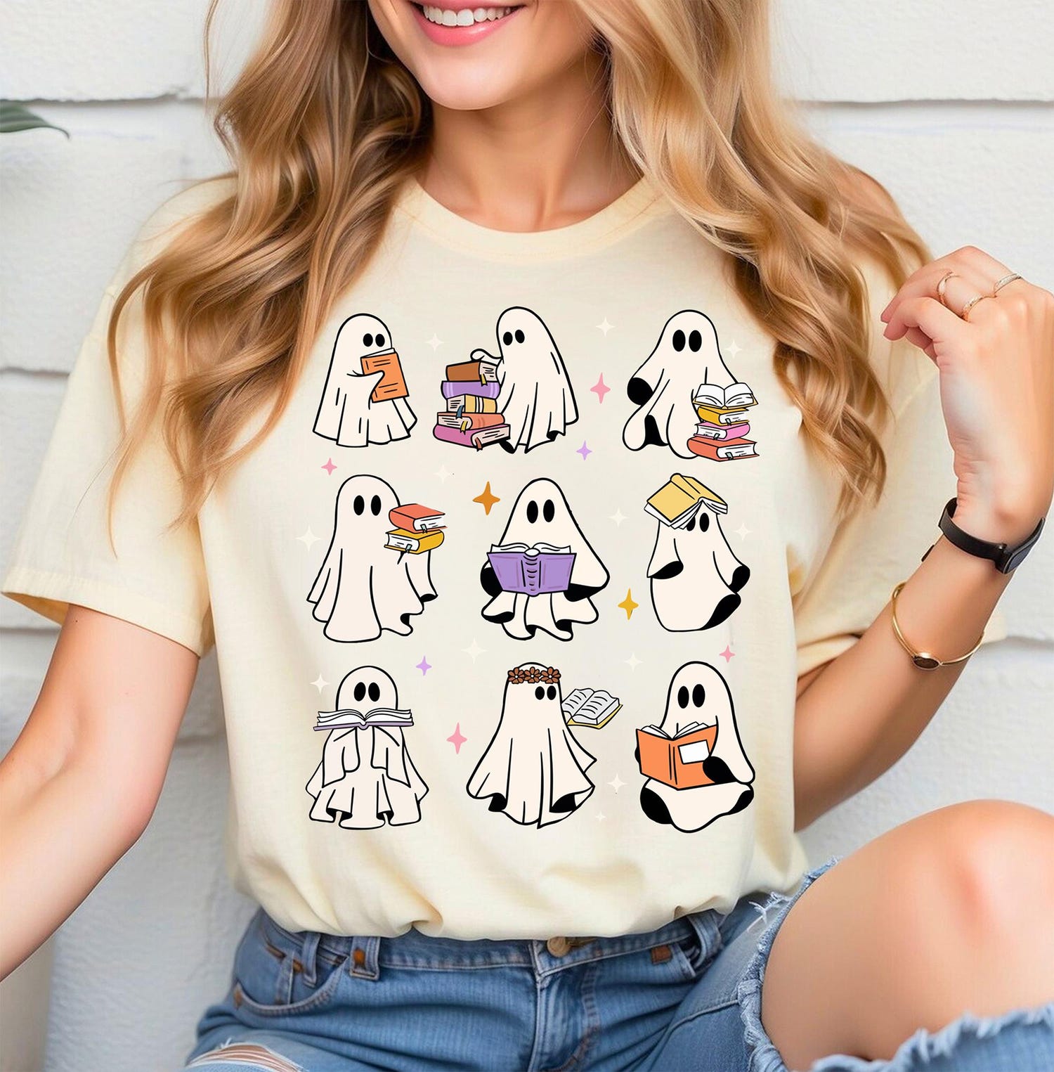 Cute Ghosts Reading Books Sweatshirt Halloween Sweater for Book Lovers Girly Ghosts Gift image 2