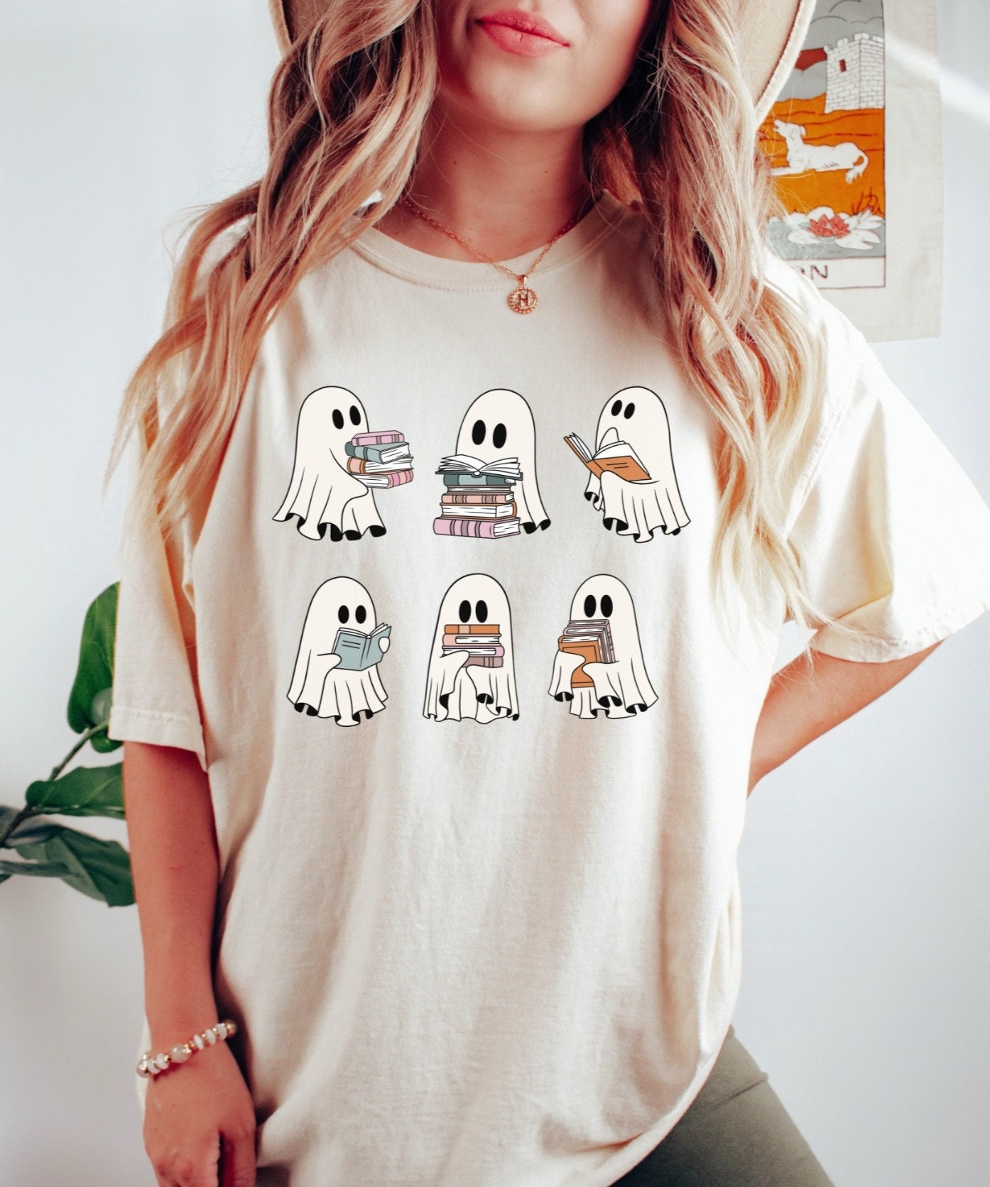 Halloween Retro Ghosts Reading Books Shirt for Teachers Librarians Book Lovers Gift image 1