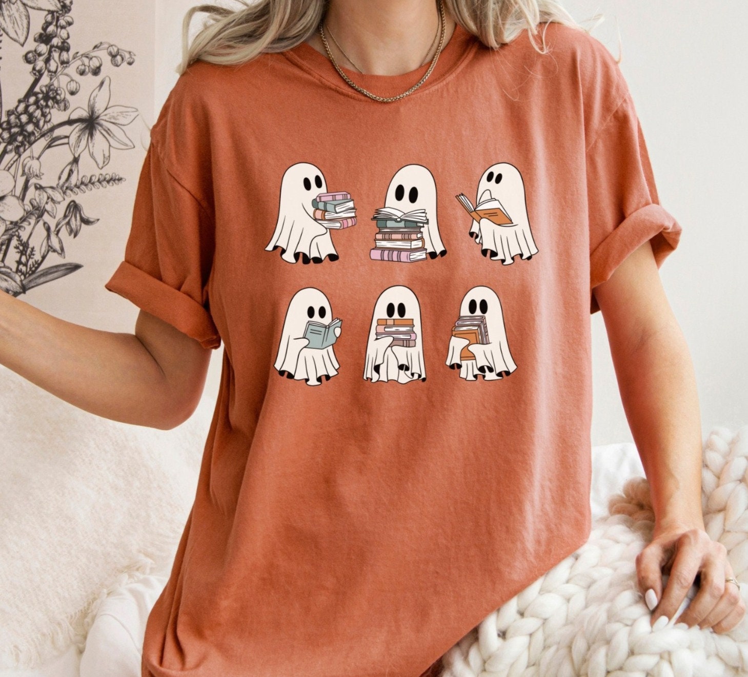 Halloween Retro Ghosts Reading Books Shirt for Teachers Librarians Book Lovers Gift image 2