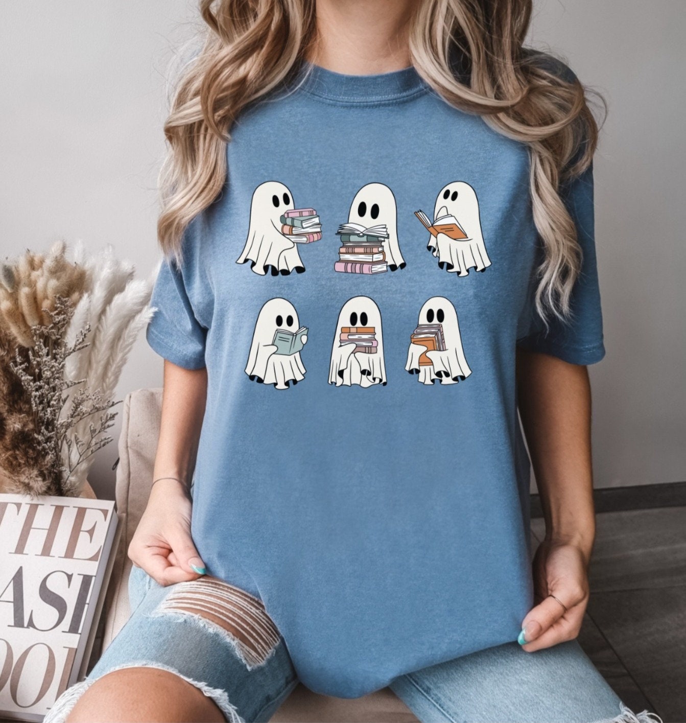 Halloween Retro Ghosts Reading Books Shirt for Teachers Librarians Book Lovers Gift image 3