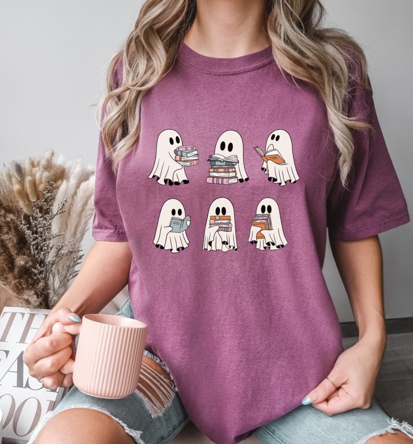 Halloween Retro Ghosts Reading Books Shirt for Teachers Librarians Book Lovers Gift image 4