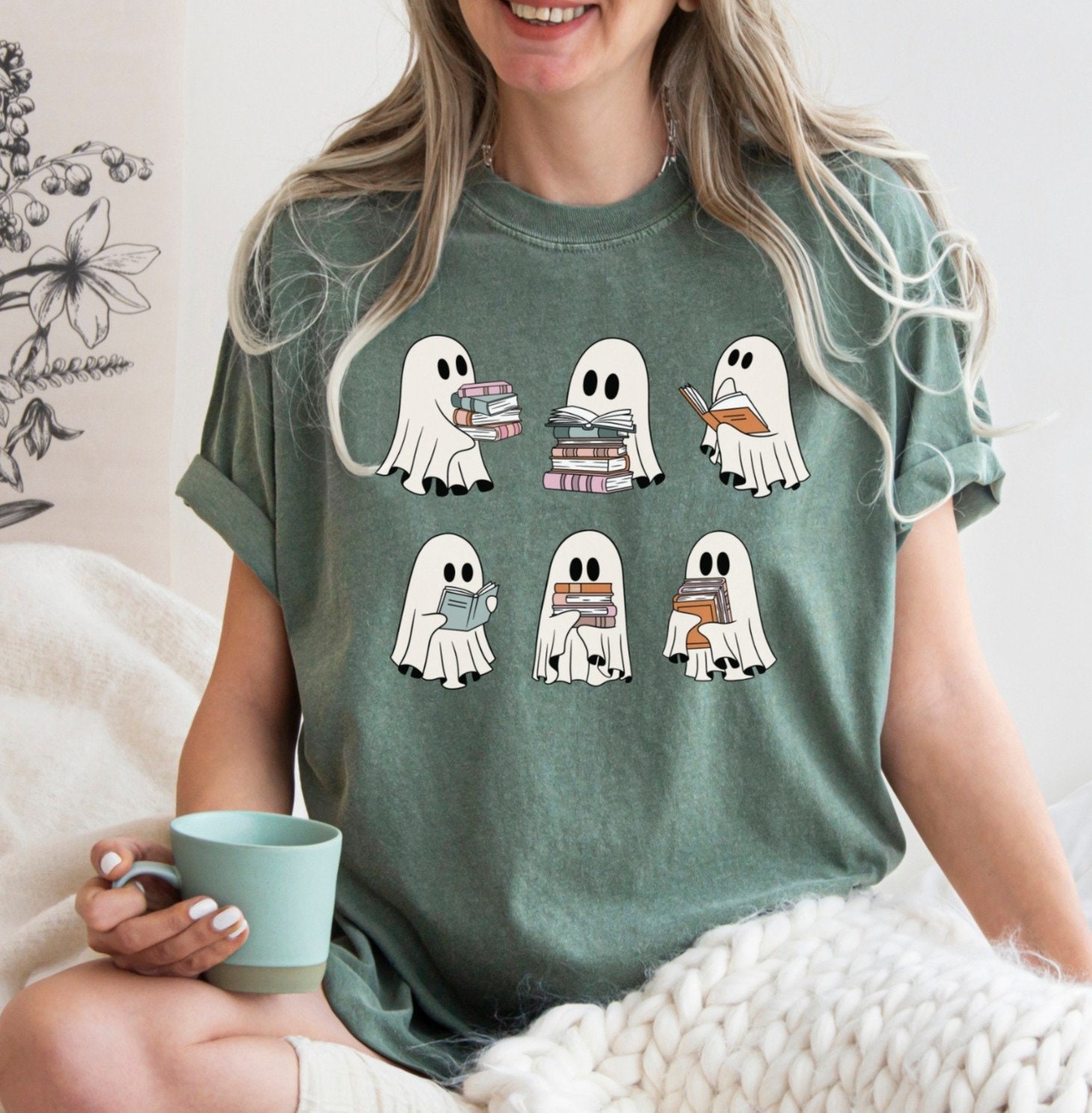 Halloween Retro Ghosts Reading Books Shirt for Teachers Librarians Book Lovers Gift image 5