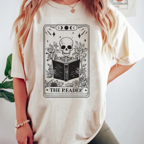 Book Tarot Card Shirt Skeleton Reading Tee Book Lover Gift Bookworm Club Shirt Reader Gift image 0