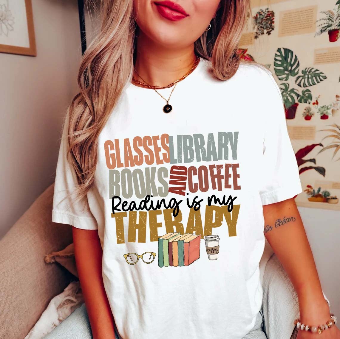 Book Lover Shirt Reading Is My Therapy Coffee and Books Gift Bookworm Club Tee image 3