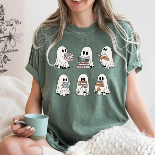 Retro Ghosts Reading Books Halloween Shirt Teacher Librarian Book Club Gift ELA Book Lover Tee image 0