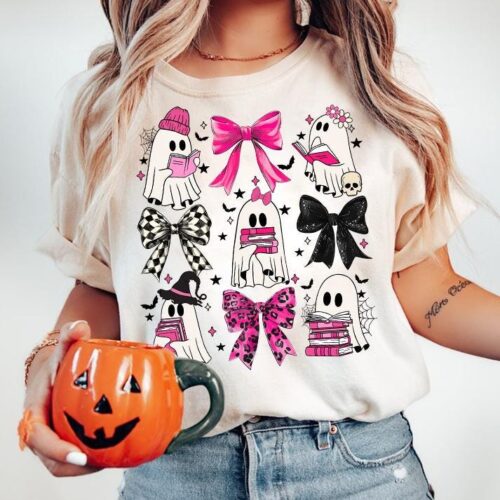 Coquette Halloween Pumpkin & Ghost Reading Books Png Spooky Season Girly Bow Png image 0