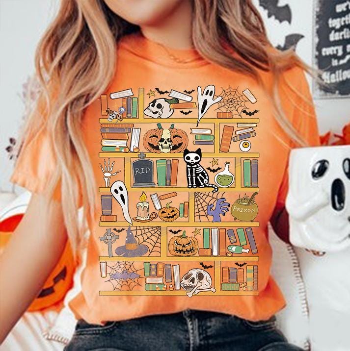 Halloween Library Ghost Books PNG Teacher Halloween Reading Shirt Book Lover Halloween PNG image 1