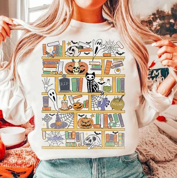 Halloween Library Ghost Books PNG Teacher Halloween Reading Shirt Book Lover Halloween PNG image 3