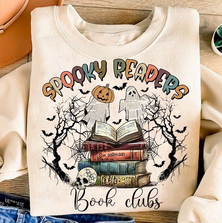 Spooky Readers Halloween Book Club PNG Retro Book Lovers Ghost Sublimation Design image 1