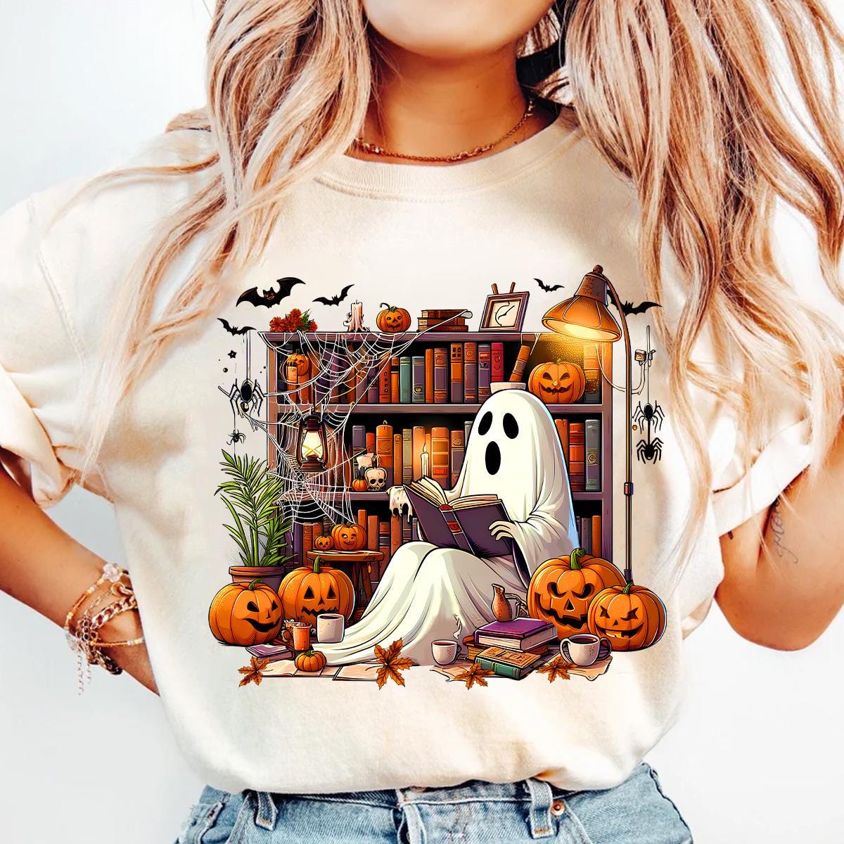 Halloween Ghost Library PNG for Teachers Book Lovers Book Club Reading Shirt image 3