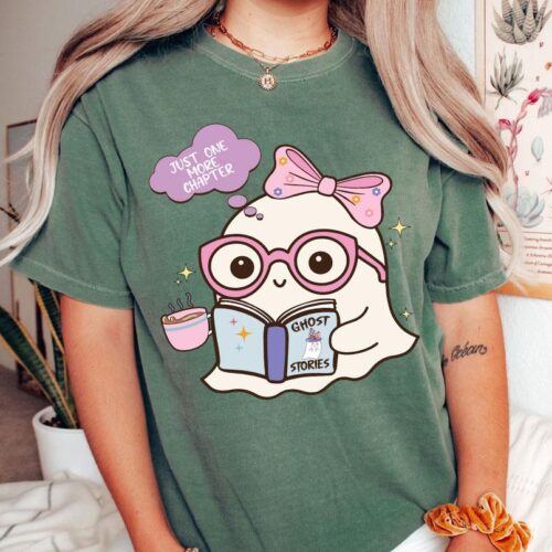 Cute Ghost Reading Book PNG Halloween Bookworm Art Kawaii Ghost Just One More Chapter image 0