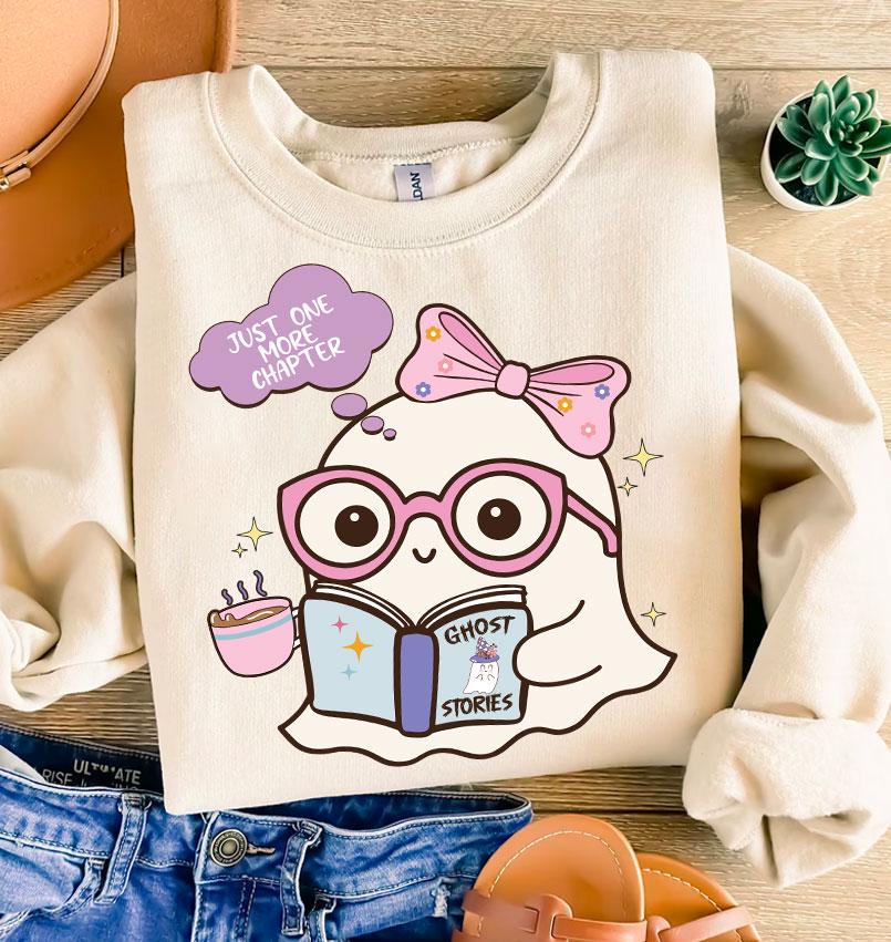 Cute Ghost Reading Book PNG Halloween Bookworm Art Kawaii Ghost Just One More Chapter image 2