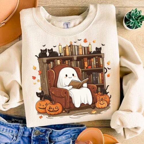 Halloween Ghost Reading Book PNG Cute Ghost Black Cat Bookshelf Book Lover Design image 0